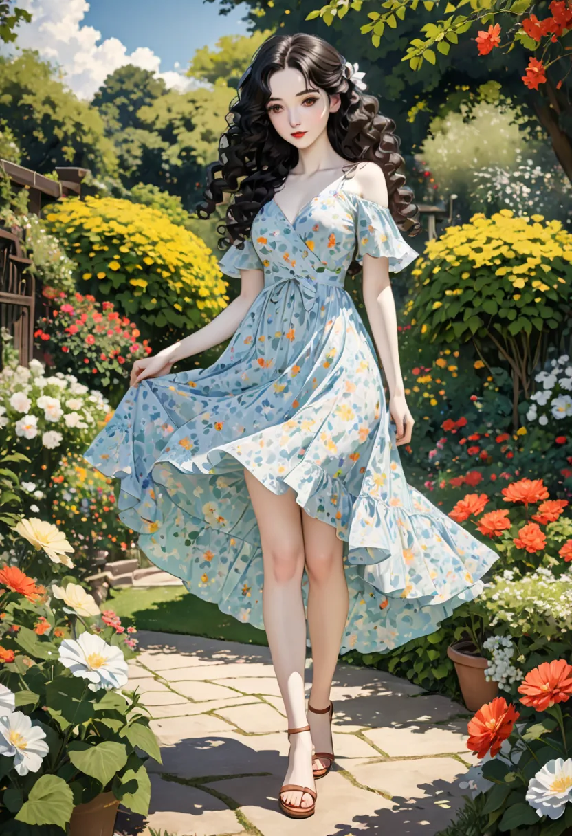 1 girl, pale skin, black hair, long, curly hair, summer dress, full body foot skirt, brown eyes, in a garden, sensual. 