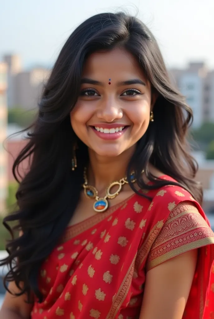 desi Indian girl (25 years), chubby face charming hair naturaland fair skin, good figure, ((highly detailed face and skin texture, 8k, ultrarealistic))), ((Masterpiece: 1.3, best quality, sharp focus), bright face, black hairs, on the balcony of a flat top...