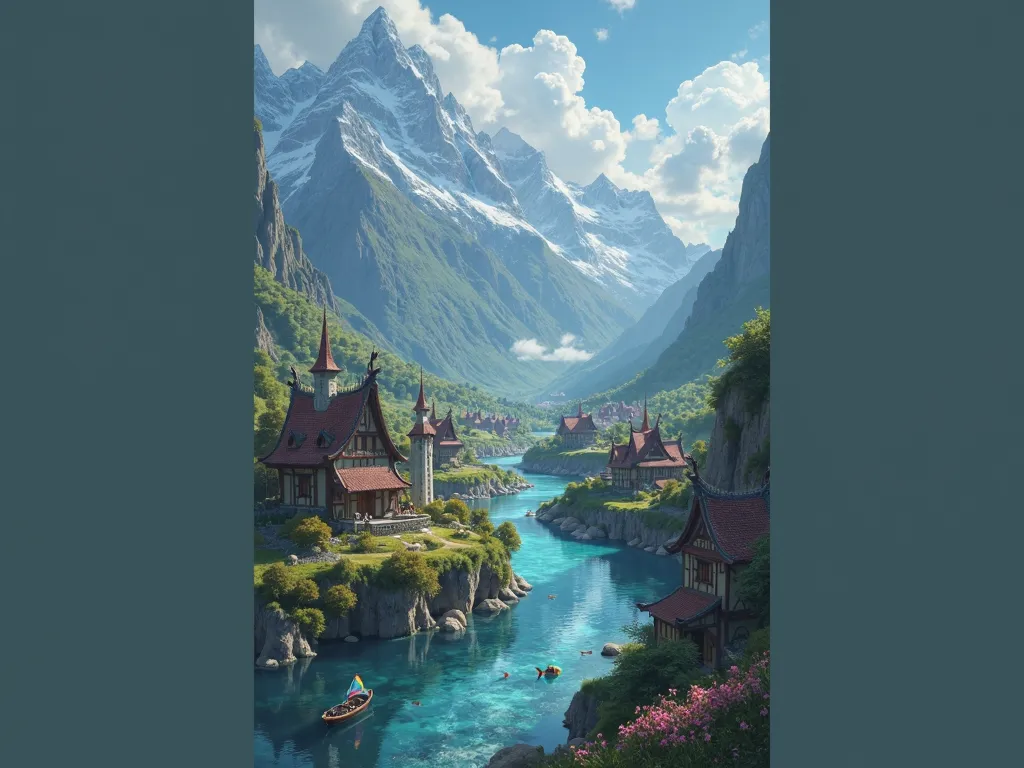 A magical kingdom where nature and magic coexist in harmony. Villages are surrounded by majestic mountains, rios cintilante. high resolution, Realistic with a touch of fantasy.