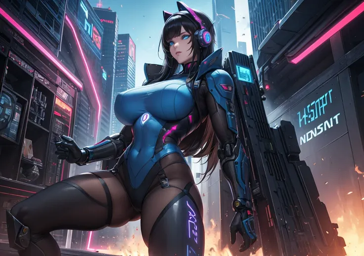 A futuristic cybernetic pilot sits inside the high-tech cockpit of an advanced mecha, overlooking a sprawling neon-lit cityscape through the reinforced glass canopy. The pilot, a young woman with piercing blue eyes and short, messy black hair, wears a slee...