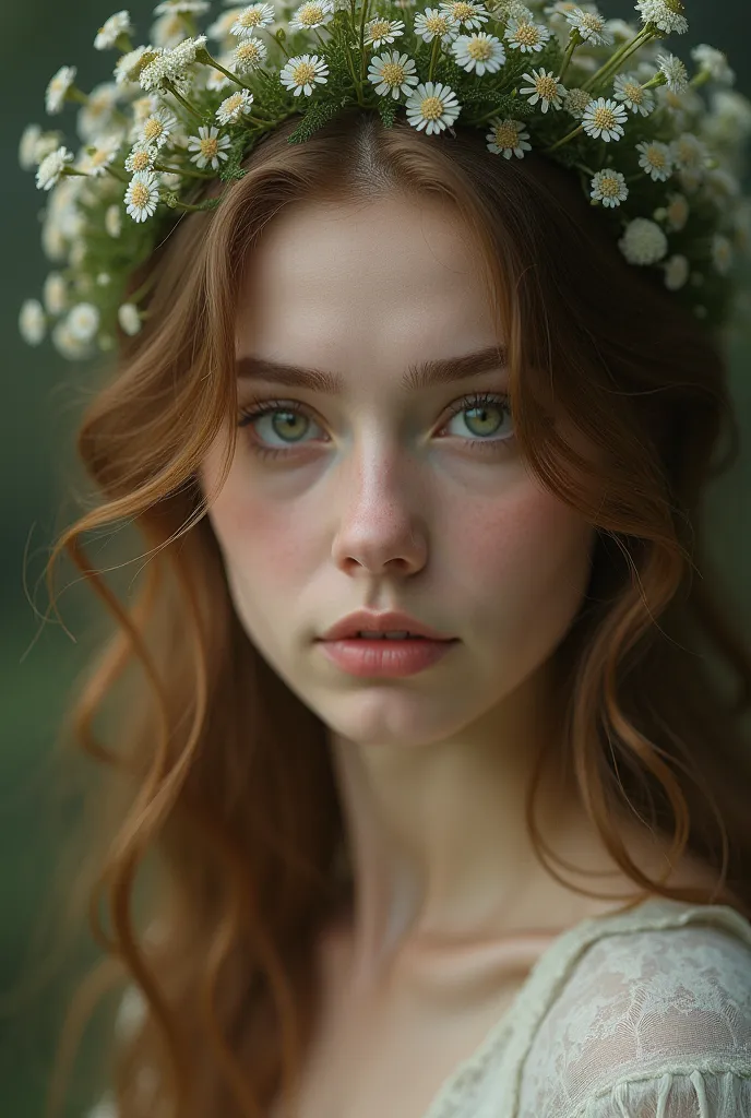 Beautiful girl with brunette green eyes with wormwood flowers on her head