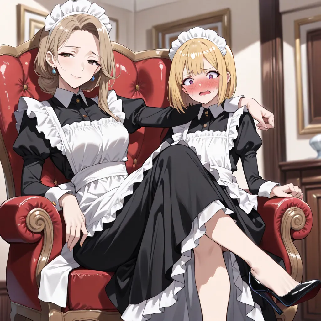 ((2girl)), ((a mature female sitting and a young female standing)), multiple character, MILF + femboy, (a mature female in elegant dress seated in an armchair with her legs crossed and her heel swinging on her foot) next to her (a young girl with flat brea...