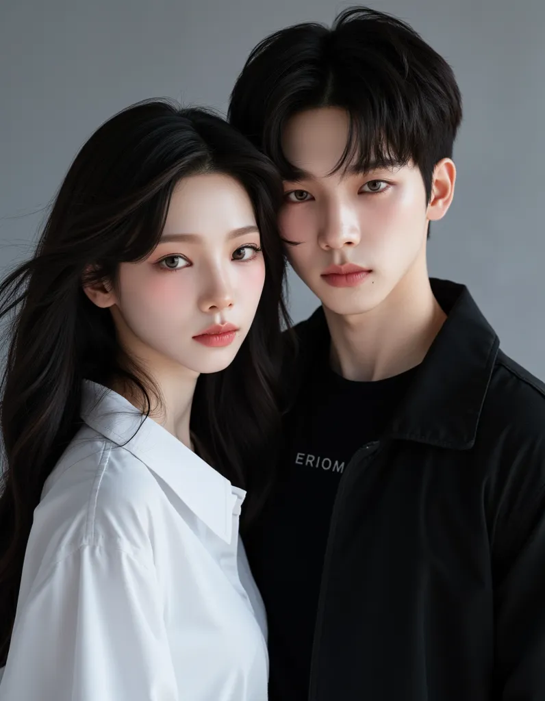 a handsome asian man and a beautiful asian girl, 1boy, 1girl, casual wear, boy wears black shirt with jacket, girl wears white plain shirt, dark hair, flawless skin, boy and girl are same height (best quality,4k,8k,highres,masterpiece:1.2),ultra-detailed,(...