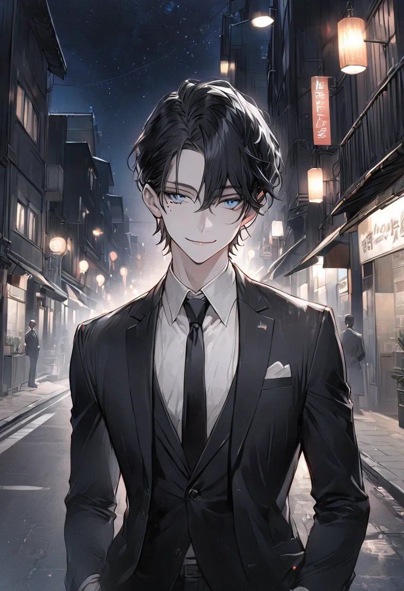 Short black hair. Blue eyes. White skin. Mole under his right eye. Slim stature. Wears a black suit with white undershirt and black tie.  adult. Subtle smile. Background is night time on a street. 