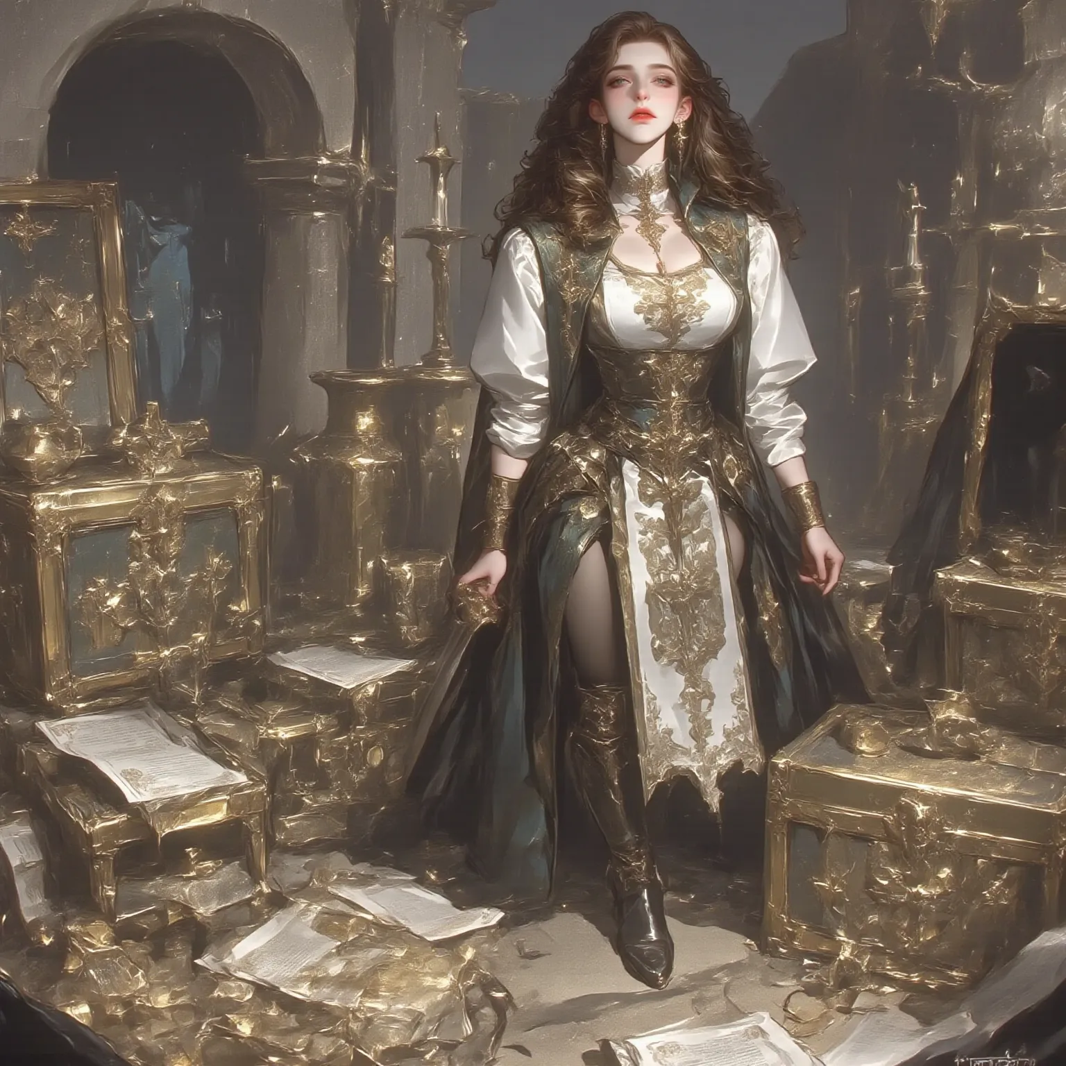 A stunningly beautiful young woman with deep brown curly hair, wearing a pirate outfit, standing in an ancient cave filled with treasure. Her confident expression matches her adventurous spirit, with intricate details in her attire—leather boots, a corset,...