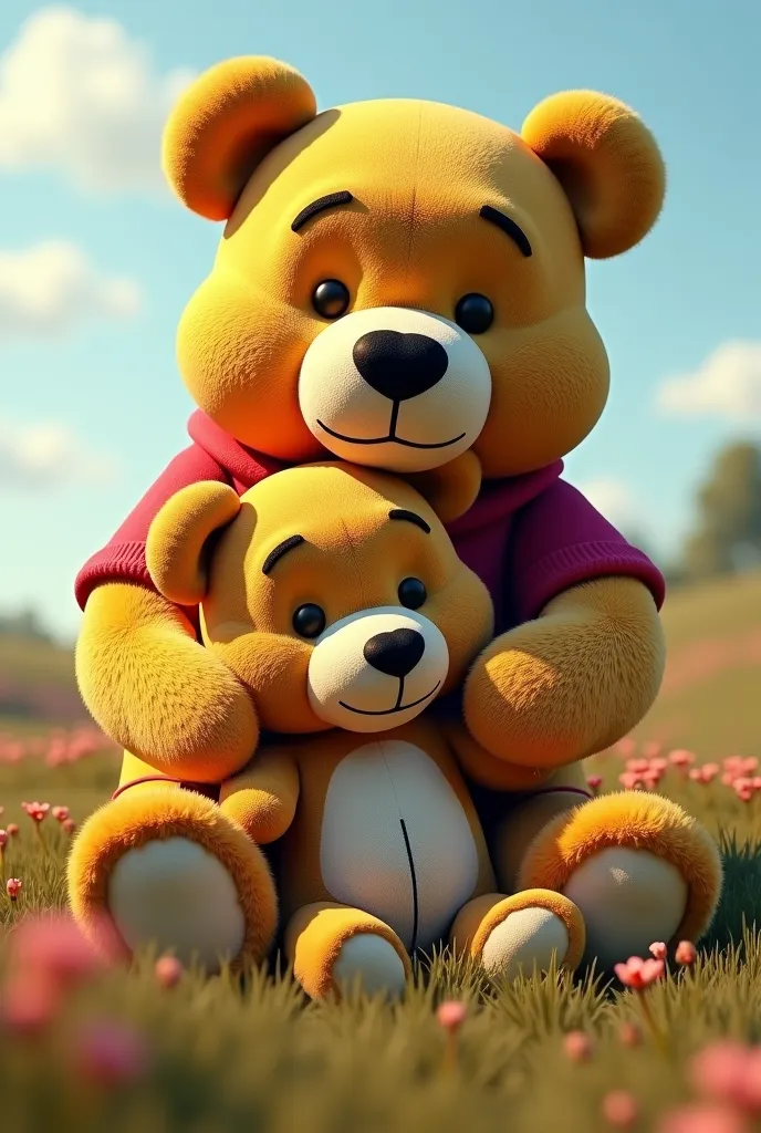 there's a teddy bear hugging another teddy bear in a field, an album cover inspired by Jeff Koons, reddit, hairy art, Giant Titan Winnie the Pooh,  giant hybrid of bear and human , Epic Titan Winnie the Pooh, cute body,  hairy body,  hairy body marrom, Ren...