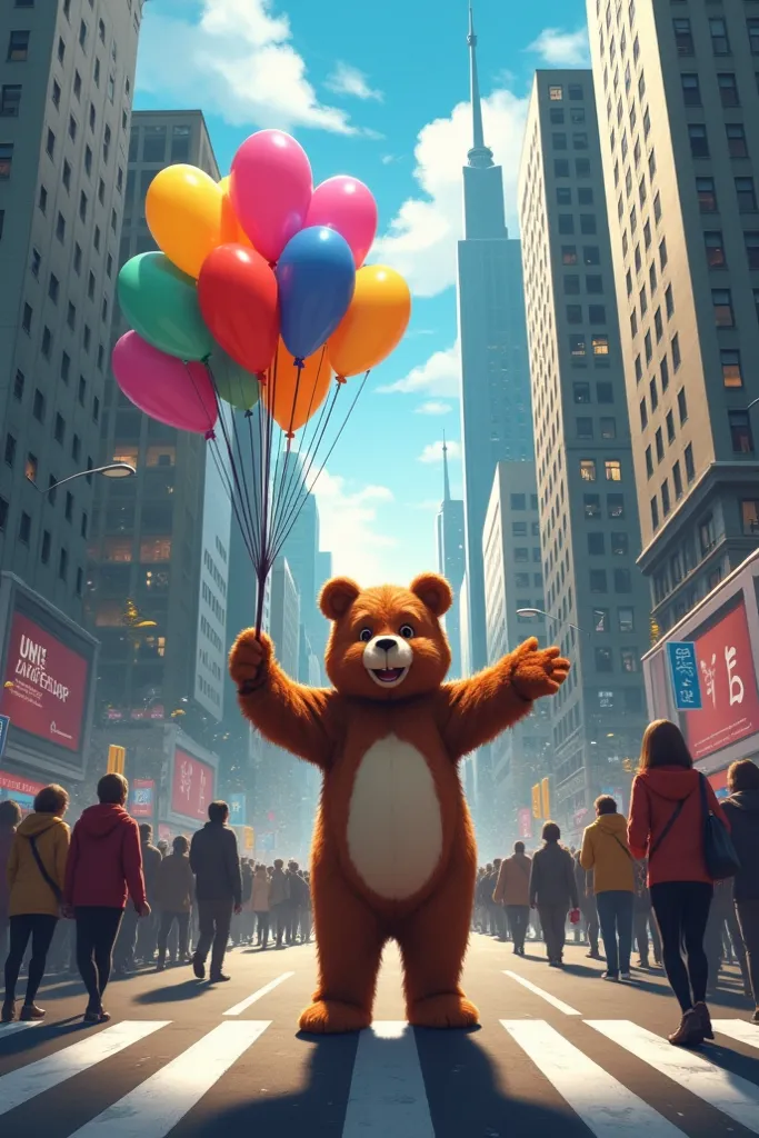 mklāng p̄hū̂khn mākmāy
A man in a bear costume holding colorful balloons stands at a busy intersection in the middle of the city amidst a crowd of people.bird's eye view anime 