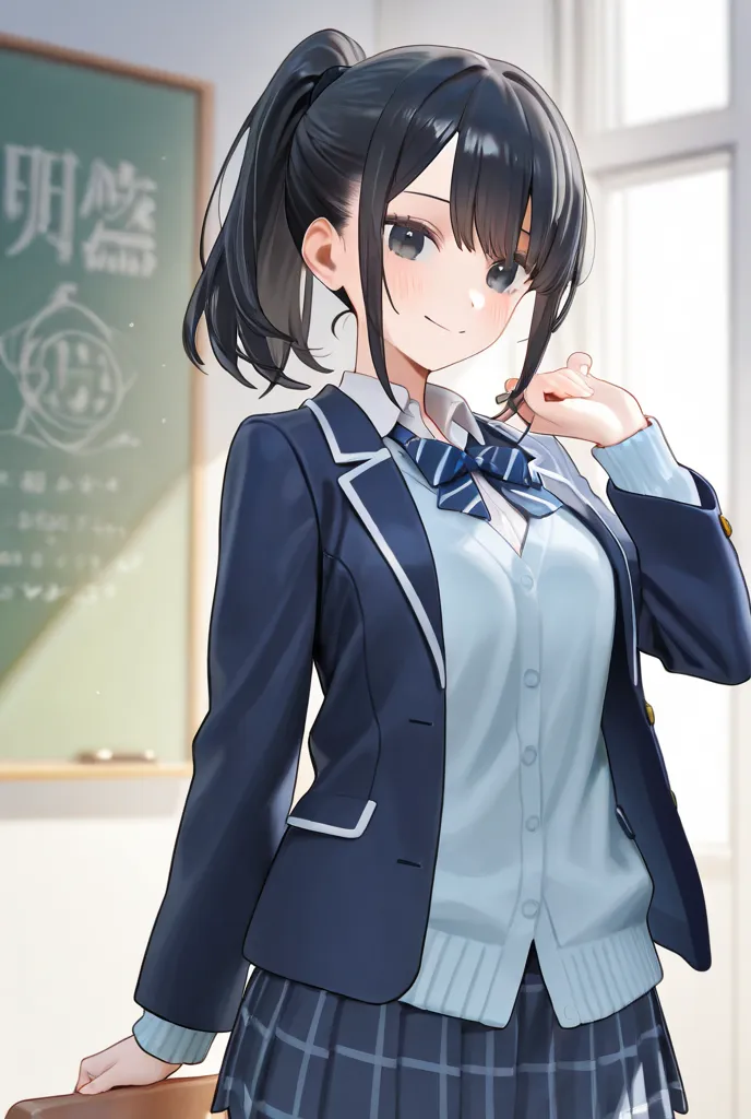 black hair ponytail、cute face、 laid-back vibe、Calm Atmosphere、high school girl、I've pulled all of my bangs down、Height: 160cm、An atmosphere like an older sister、An atmosphere where love seems heavy、Kyudo Club