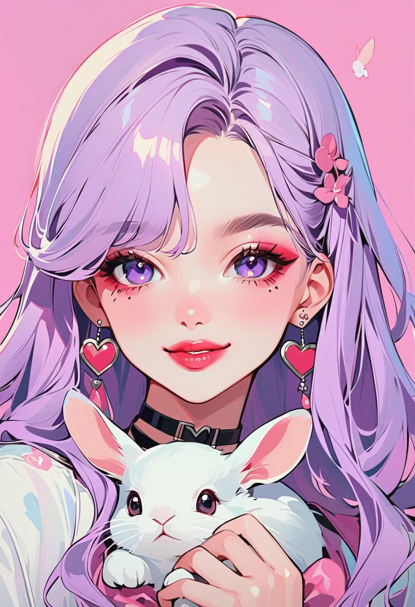 1girl, rabbit, jewelry, earrings, purple_eyes, choker, animal, makeup, long_hair, looking_at_viewer, holding_animal, pink_background, bow, lipstick, solo, smile, heart, purple_hair, jacket