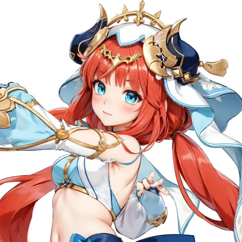 a close up of a woman with a sword and a hat, Anime Goddess, top rated on pixiv,  Ayaka from Genshin Impact ,  Ayaka from Genshin Impact ゲーム, rias gremory, red haired goddess, r/art, art of kirokaze pixel, r /art, r / art, marin kitagawa fanart,  pixib 3DC...