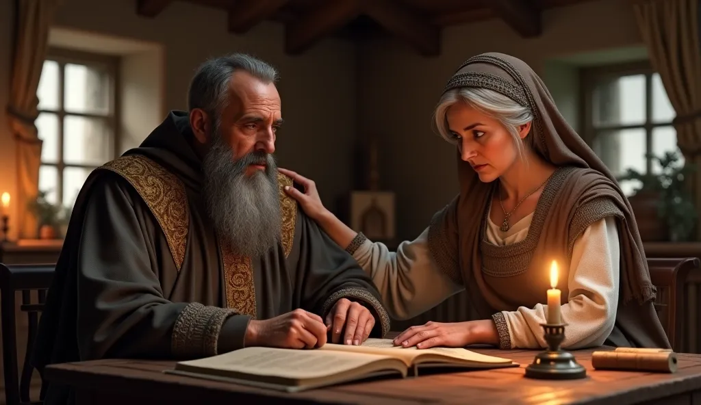 "A hyper-realistic 3D-rendered scene of a weary priest sitting at a wooden table in a rustic medieval home, illuminated by the soft glow of candlelight and an oil lamp. He wears traditional religious garments with intricate embroidery, his silver beard ref...