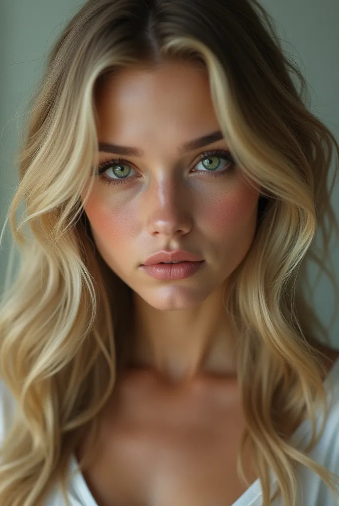 blonde , long hair , green eye 