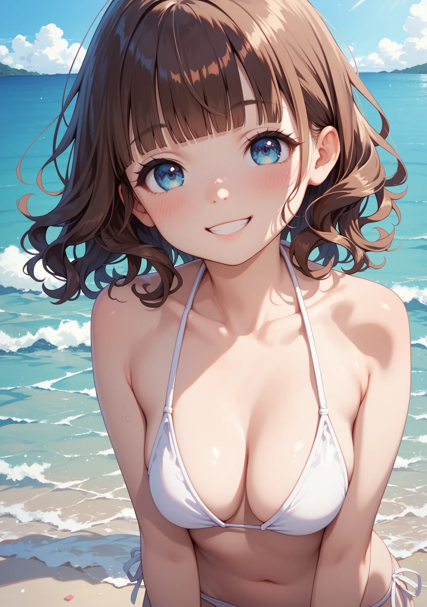 loli, petite, medium breasts, pale skin, brown hair, medium hair , wavy hair , blunt bangs , blue eyes, natural make up,  head sliding ,  smile , blush,  ((white bikini)) , ((simple bikini)) ,  wide shot, in sea 