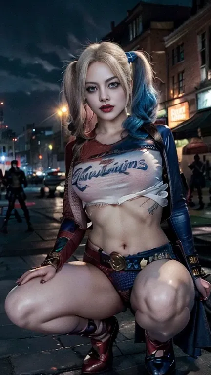 I'm wearing low-rise micro hot pants made of lace fabric on a thick leather belt and raised my arms up while crouching and staring、I'm wearing a mini tube pischa、Harley Quinn is wearing a Superman suit　Injustice　version 2 、dark blue and dark red colored se...