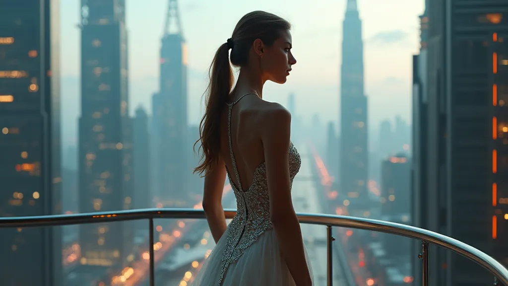 Dynamic back side photo of a very sexy young girl in gorgeous sexy dress seeing from a balcony of a stunning technological world, back side photo, stunning photo, realistic cinematic style, 4k ultra HD quality in 3D 