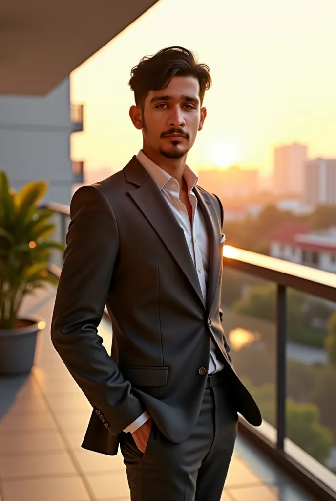 18 year old zain, short wavy hair. He is sunbathing on the balcony. photorealism: 1.2), , stanDing, dress fitted dark gray suit, black hair,