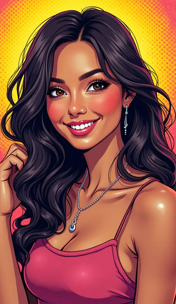 DISCREET image. with discreet casual clothes. image adult woman, american, JUST comic book style. smile. IMAGES WITH VIBRANT COLORS.  focus on face. background with much vibrant colors 