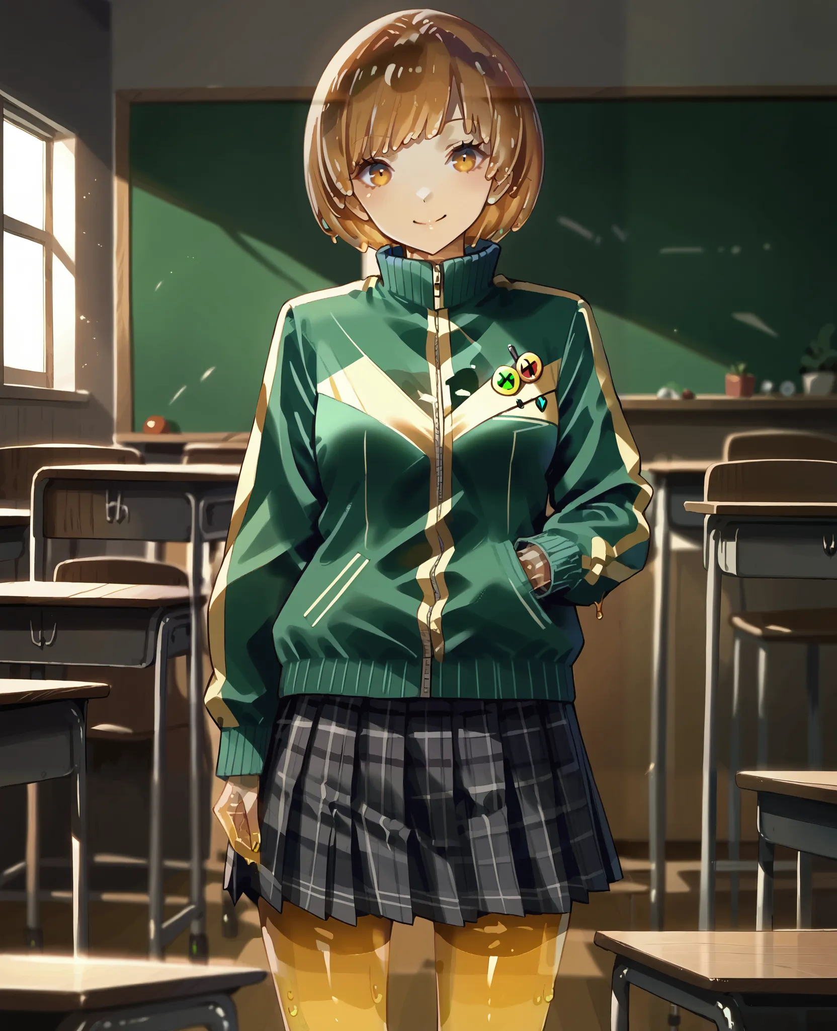 score_9, score_8_up, source_anime
1 girl, solo, cute face, full body
p4chie, satonaka chie, short hair, brown hair, slime girl, slime body
p4chie-winuni, school uniform, yasogami school uniform, green jacket, zipper, button badges, pleated skirt, houndstoo...