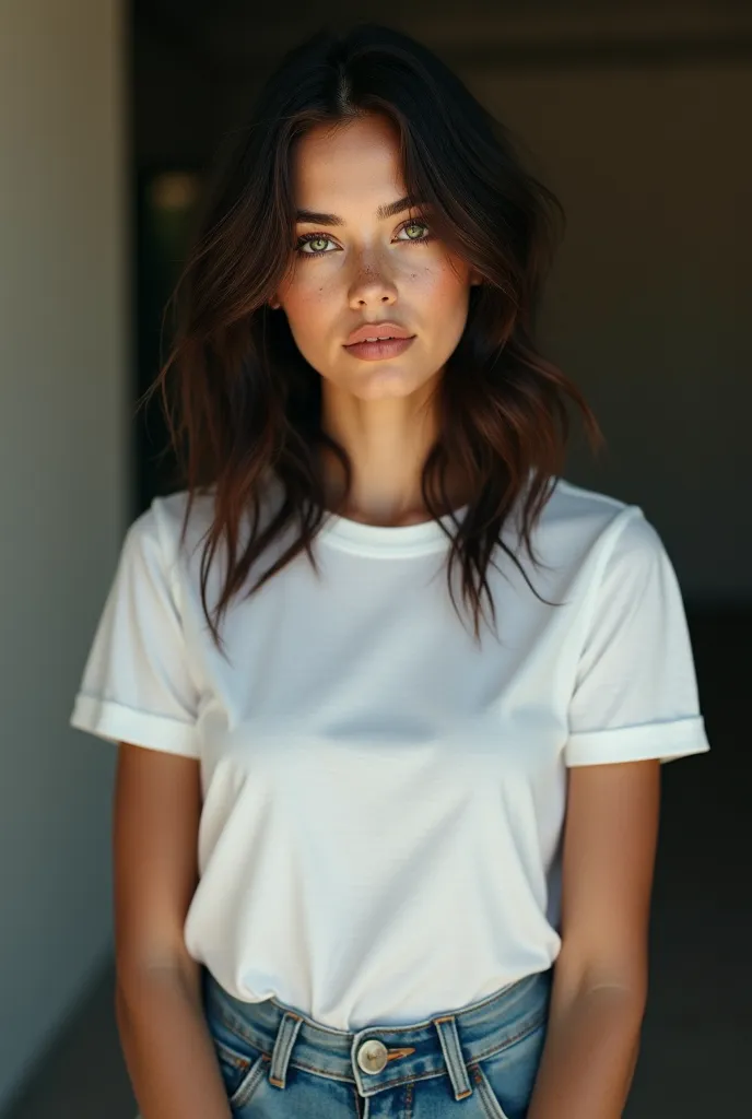 woman

Dark fawn , shoulder length hair, lured 
 green eyes,  almond shaped , White t-shirt , tight jeans 
 
Mild freckles, Young woman in her mid-20s 