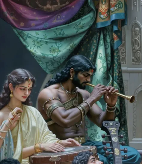 A breathtaking, hyper-detailed classical oil painting of an opulent royal Indian court, where musicians perform in a grand palace draped with flowing silk tapestries in shades of emerald, sapphire, and gold. The scene is illuminated by soft, ethereal moonl...