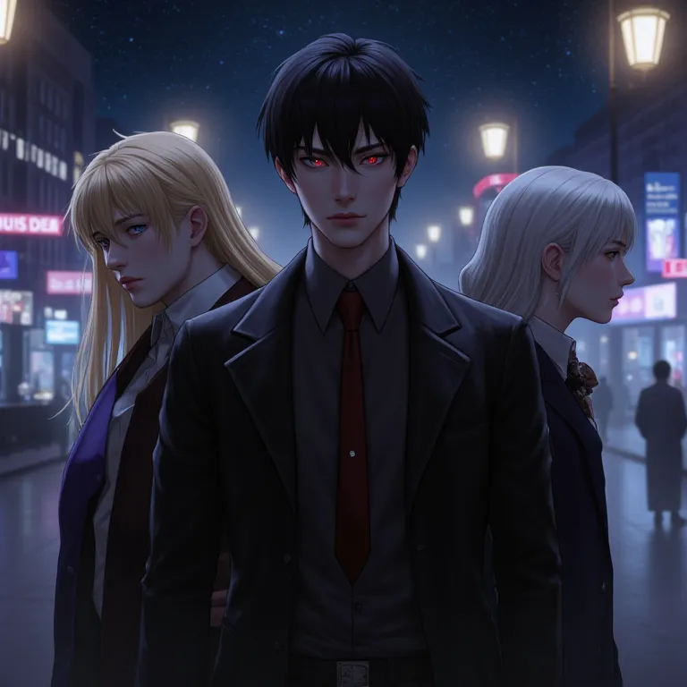 The picture shows three mysterious figures against the backdrop of a city at night.

Ariel is the central character with black hair and bright red eyes. He looks imposing and mysterious, dressed in dark, elegant clothes that emphasize his charisma. Lazarus...