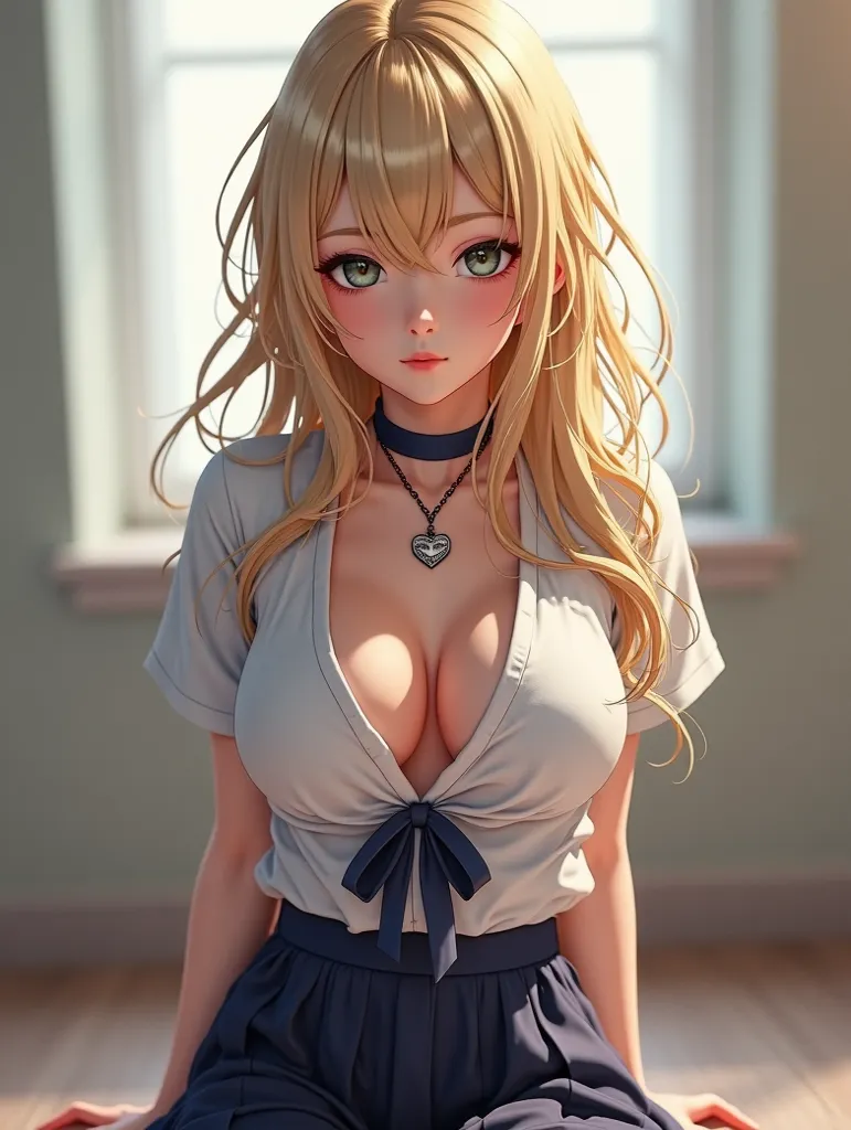 of the highest quality、masterpiece、super high resolution、(photorealistic:1.4)、 1 girl  、 blonde 、Esbian full body、big and full breasts、open cleavage、erotic、erotic expression、choker、 Double eyelids 、hair unraveled、Medium length hair、school uniform、 mini yea...