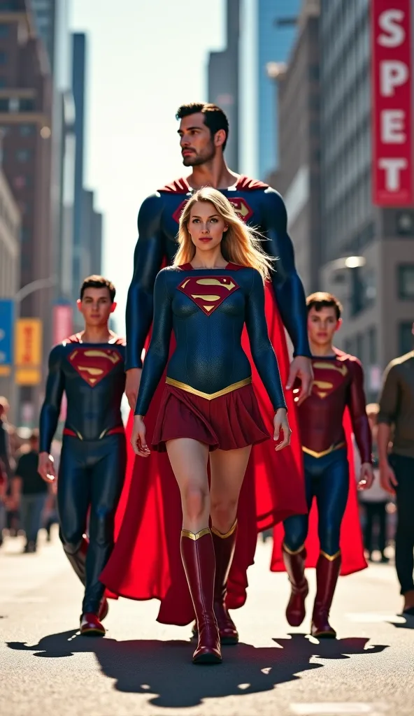 A very fat pregnant supergirl in City road walking and backside big Superman and right side Small superboy in many buildings and many peoples 