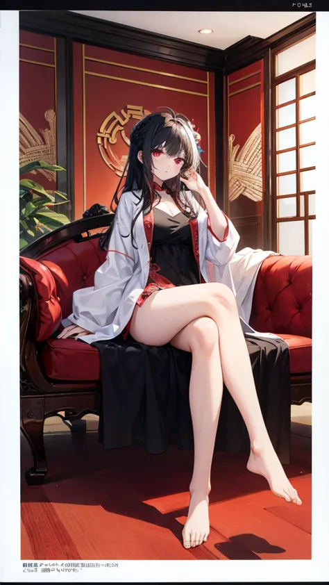  Anime style illustration: Whore in a bathrobe, 18 years old, anime character, official character image, full body, female anime girl sister 18 years old, (black hair: 1.5), (suntanned: 0.5), Big red eyes,Posing,Dancing , looking at the camera, high qualit...