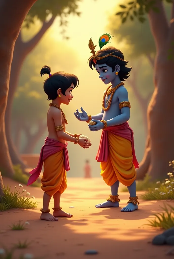 Opening Scene: Show young Krishna and Sudama playing together in a peaceful village setting, symbolizing their hood friendship. Soft background music with sounds of nature (birds chirping, breeze).
	2.	Sudama’s Poverty: Show Sudama as an adult, wearing sim...