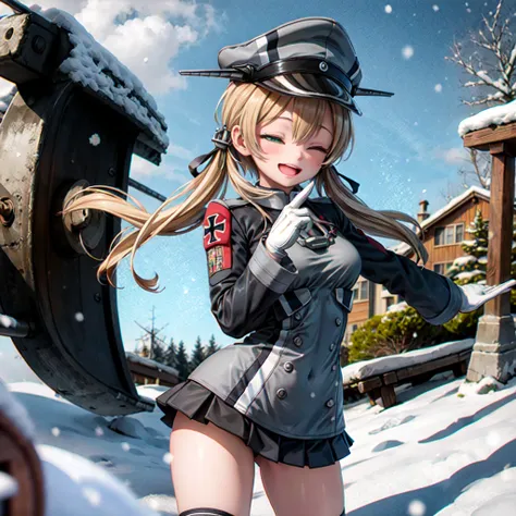 masterpiece, best quality,
1girl, solo,
upper_body, snowing, overcast, wind, standing,
prinz eugen/(kancolle/),  green eyes, short hair,
anchor hair ornament, military uniform, iron cross, long sleeves, white gloves, black skirt, pleated skirt, miniskirt, ...