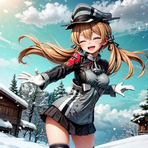 masterpiece, best quality,
1girl, solo,
upper_body, snowing, overcast, wind, standing,
prinz eugen/(kancolle/),  green eyes, short hair,
anchor hair ornament, military uniform, iron cross, long sleeves, white gloves, black skirt, pleated skirt, miniskirt, ...