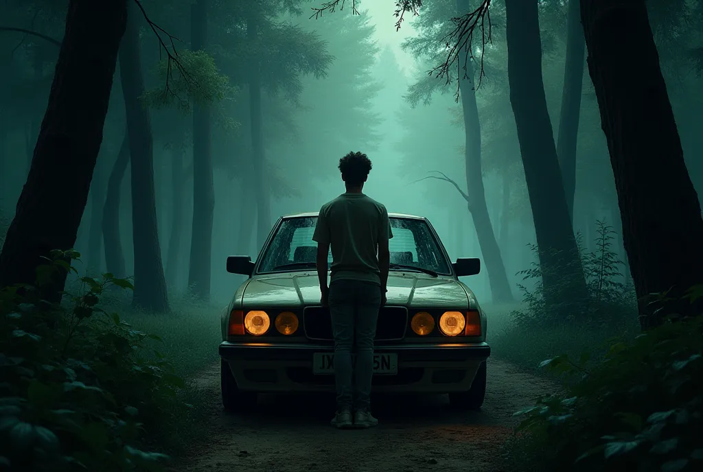 Illustration of a car in the middle of a forest with a young man leaning on the car. Gloomy tones
