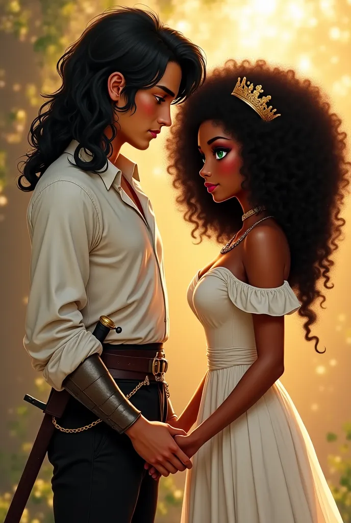 By a most a japense knight, with medium length wavy black hair, wearing a white shirt, and black pants, with a sword attached to his waist by a belt, is holding hands with a princess, she is a brown skinned women with a big curly Afro that goes down to her...