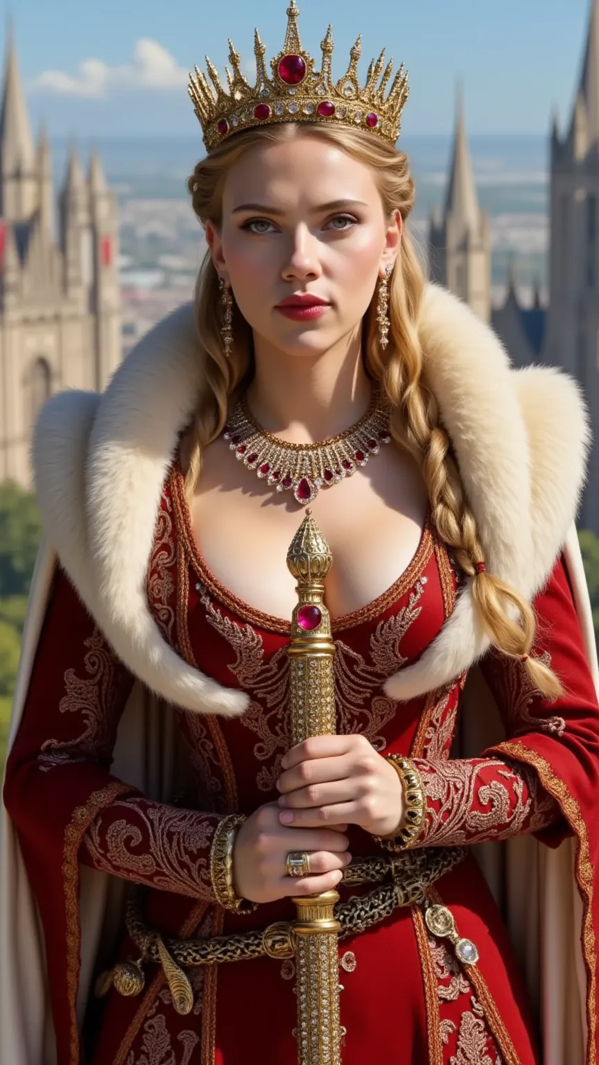 Scarlett Johansson  reimagined as a majestic hot and gorgeous Medieval Queen walking and holding platinum scepter､1 female､ full body, cleavage,
Golden-blonde hair, styled in intricate braids woven with ruby-studded gold threads, cascades in soft waves ove...