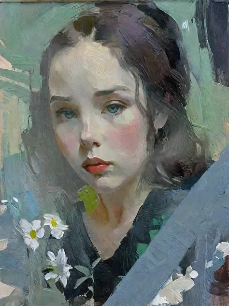  Create an evocative oil painting inspired by Malcolm Liepke,  based on the provided image . Capture the intense ,  introspective expression of the young subject using thick ,  expressive brushstrokes and a muted color palette . Highlight the emotional dep...