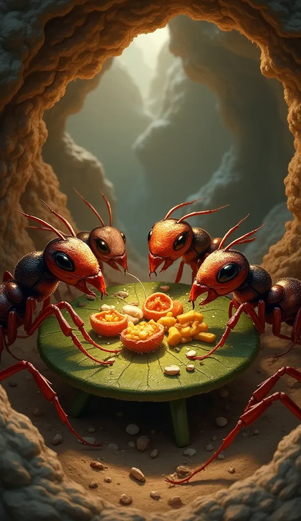 A group of friendly ants sitting around a small leaf table inside an underground nest, enjoying a delicious meal together