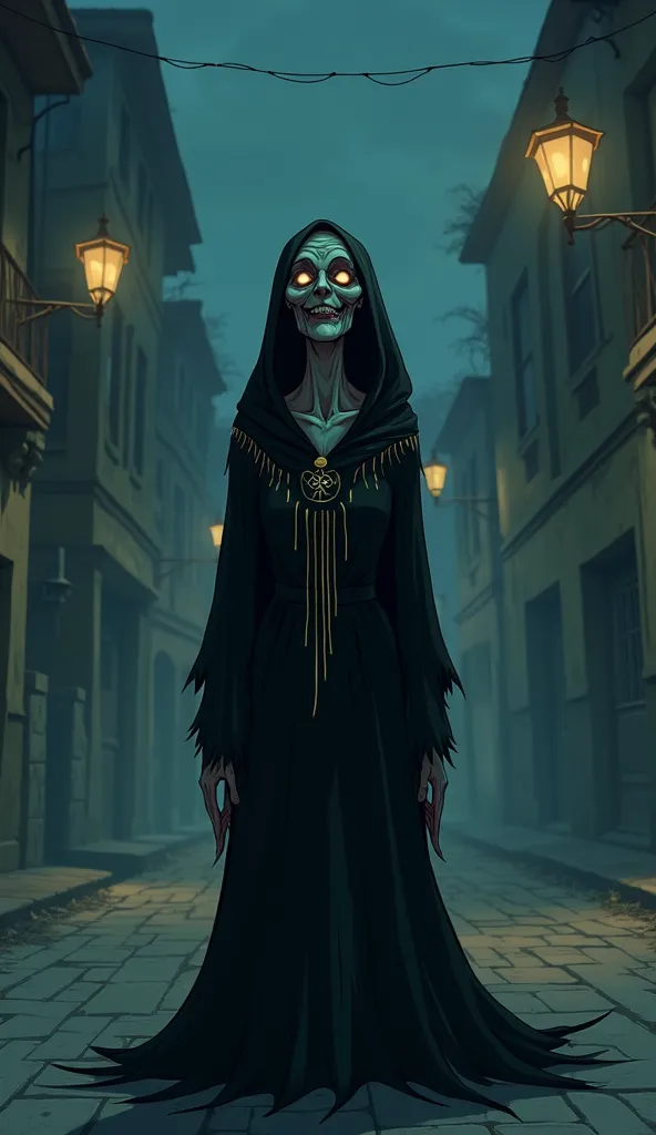 A creepy old woman wearing long black dress is smiling in suspicious way on a dark street night time, facing towards our screen as if watching us, like in 2d animation horror story youtube 