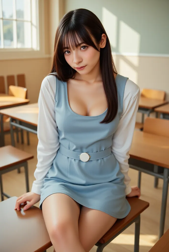 Photorealistic, 8K, soft natural lighting. A young woman with sleek, straight dark brown hair draping neatly over her shoulders, her bangs delicately framing her alluring dark eyes. Dressed in a neatly pressed Japanese school uniform, her white long-sleeve...