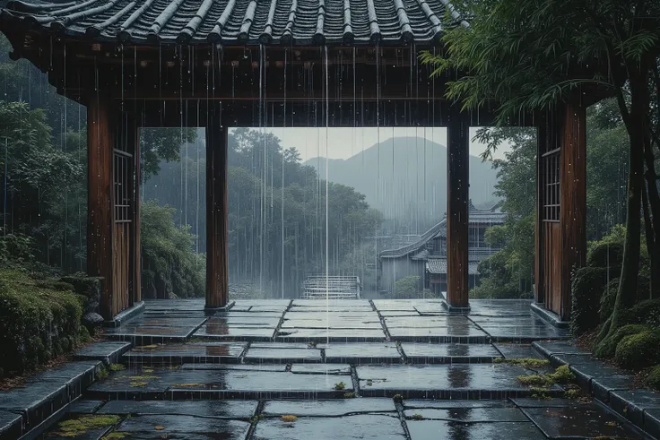 It's a work of art with stunning detail: strings of raindrops slide down the curved tiles under an old wooden roof, creating a crystalline trail in the air. The moist bluestone floor is a mirror, reflecting the silhouette of the eaves softened by the rain ...