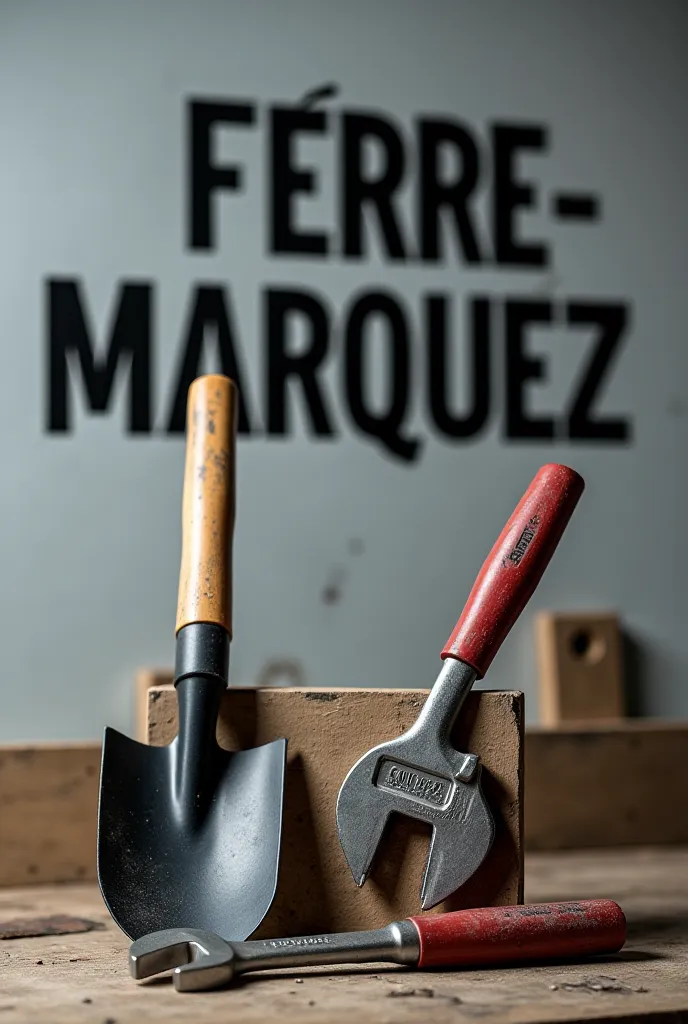 Ferre-Marquez at the image size, large black letters on the back, a shovel, a wrench and an electrical plate 