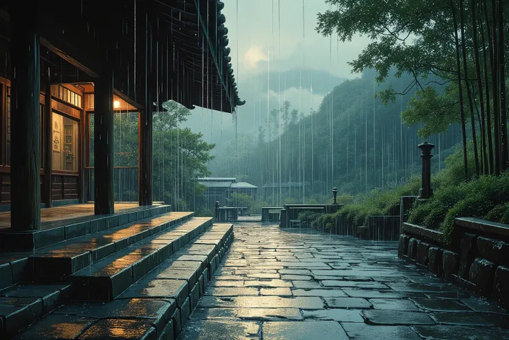 It's a work of art with stunning detail: strings of raindrops slide down the curved tiles under an old wooden roof, creating a crystalline trail in the air. The moist bluestone floor is a mirror, reflecting the silhouette of the eaves softened by the rain ...