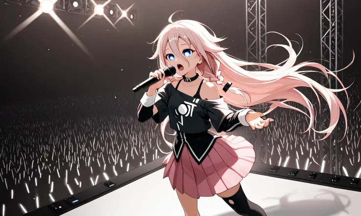 (masterpiece), (highest quality), (very detailed), (the best shape), (absurd), (so beautiful), beautiful eyes in every detail, ultra detailed eyes, clear eyes and pupils, unusual, 8k, 32K, high resolution,  1girl, IA Rock, Vocaloid, single thighhigh, off-s...