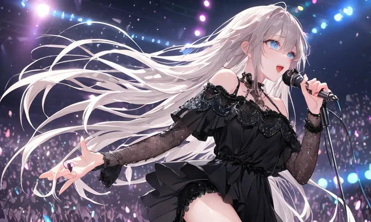 (masterpiece), (highest quality), (very detailed), (the best shape), (absurd), (so beautiful), beautiful eyes in every detail, ultra detailed eyes, clear eyes and pupils, unusual, 8k, 32K, high resolution,  1girl, IA Rock, Vocaloid, single thighhigh, off-s...