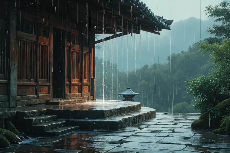 It's a work of art with stunning detail: strings of raindrops slide down the curved tiles under an old wooden roof, creating a crystalline trail in the air. The moist bluestone floor is a mirror, reflecting the silhouette of the eaves softened by the rain ...