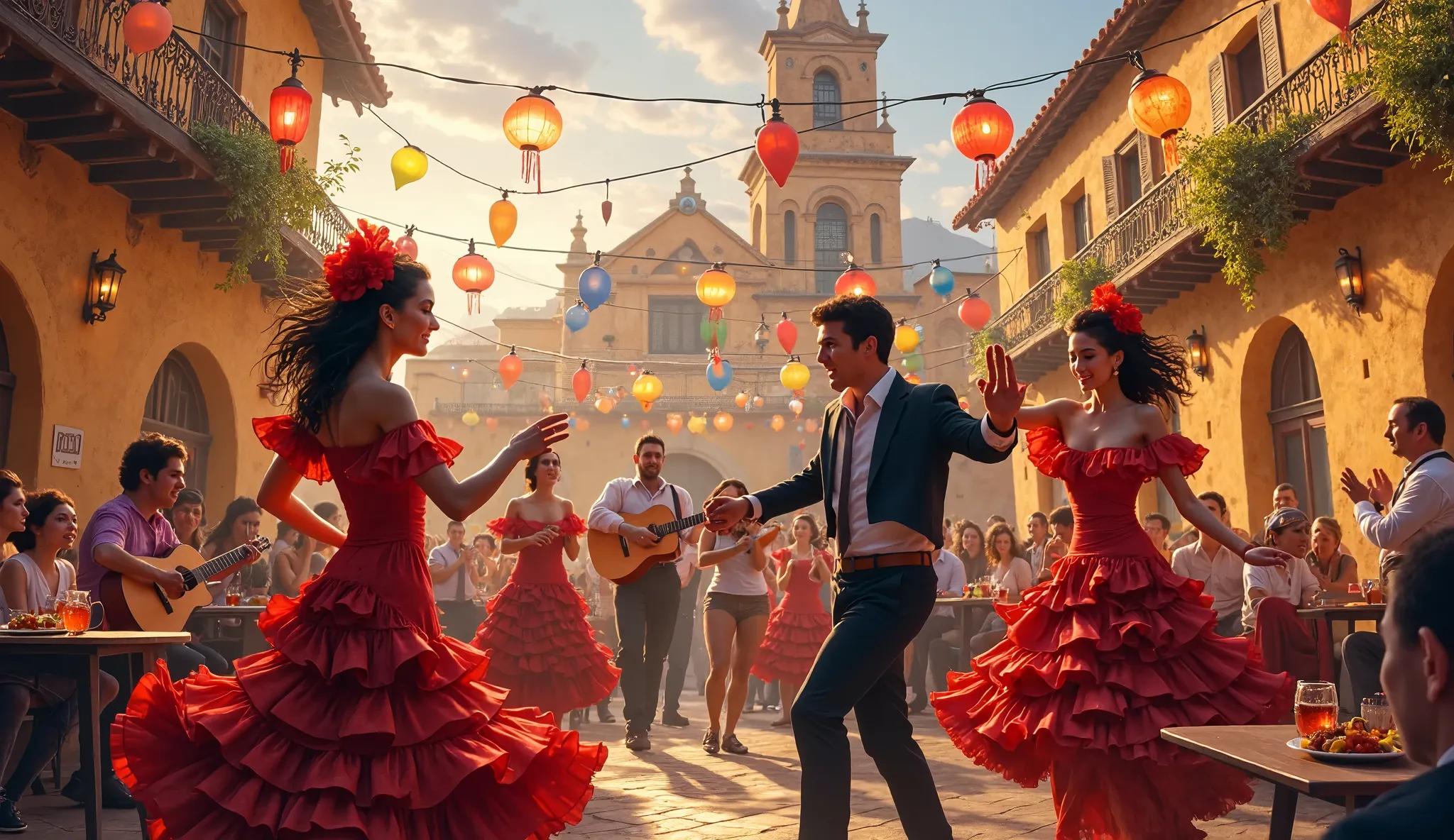 A lively Spanish fiesta in a traditional town square, with colorful lanterns hanging between balconies. People dancing flamenco in red and black ruffled dresses, while others play Spanish guitars and sing. Tables filled with tapas like Iberian ham, olives,...