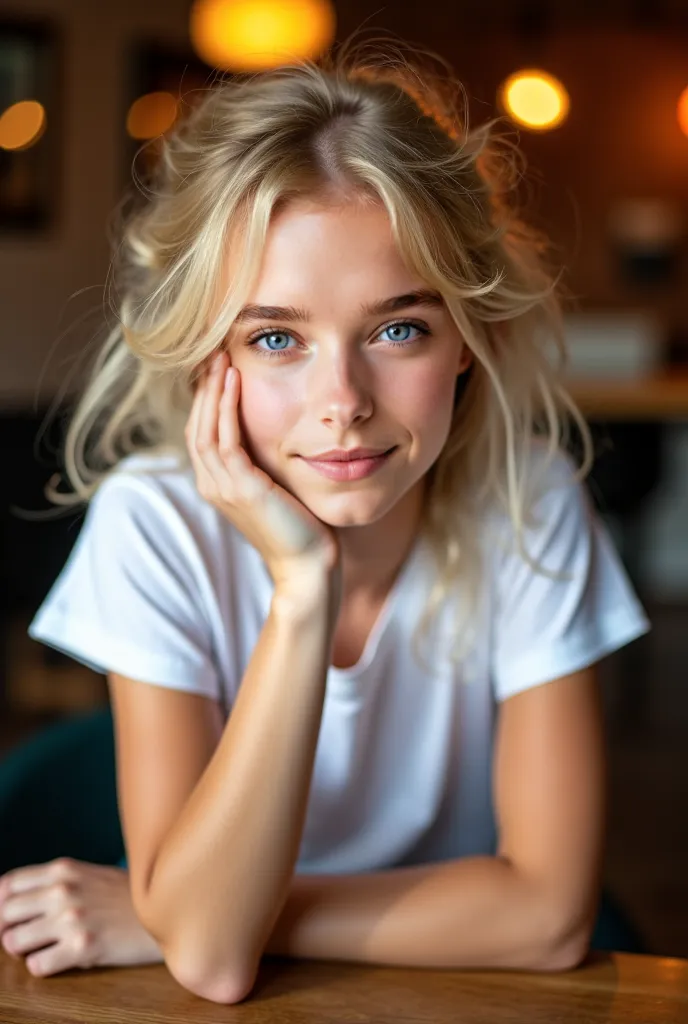 A youthful 18-year-old girl with a soft, natural beauty sits at a wooden table, resting her chin gently on her hand. Her fair skin glows under the warm, cozy lighting, and her bright green eyes hold a curious yet serene expression. Her blonde hair is casua...