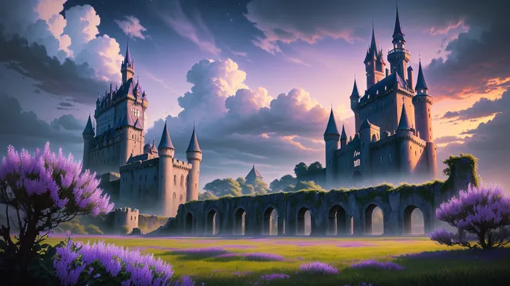 Night, night weather, anime, beautiful colors, and skeleton in a field of purple flowers,  fairy tale background style , castle background, von hogwarts, dark pastel castle background,Gloomy medieval background,   background image  , Awesome arcanum in the...