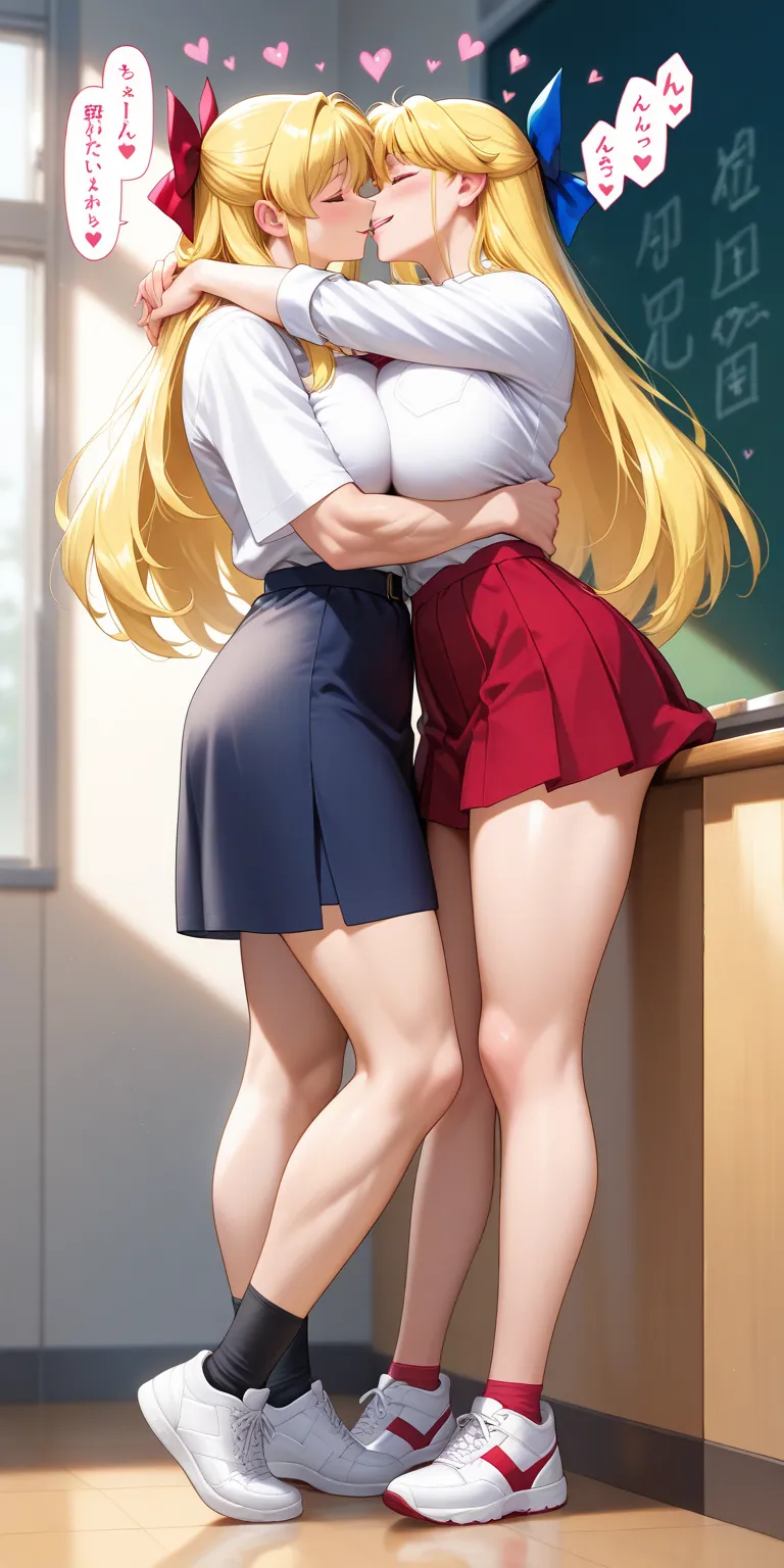 Masterpiece, newest, vibrant, mature woman, minako aino, tall, big breast, white school shirt, red pleated mini skirt cheekred motif, white sneakers, full body, parted lips, smile, old men as a teacher, tall, muscular, face to face, embrace hips, deep kiss...