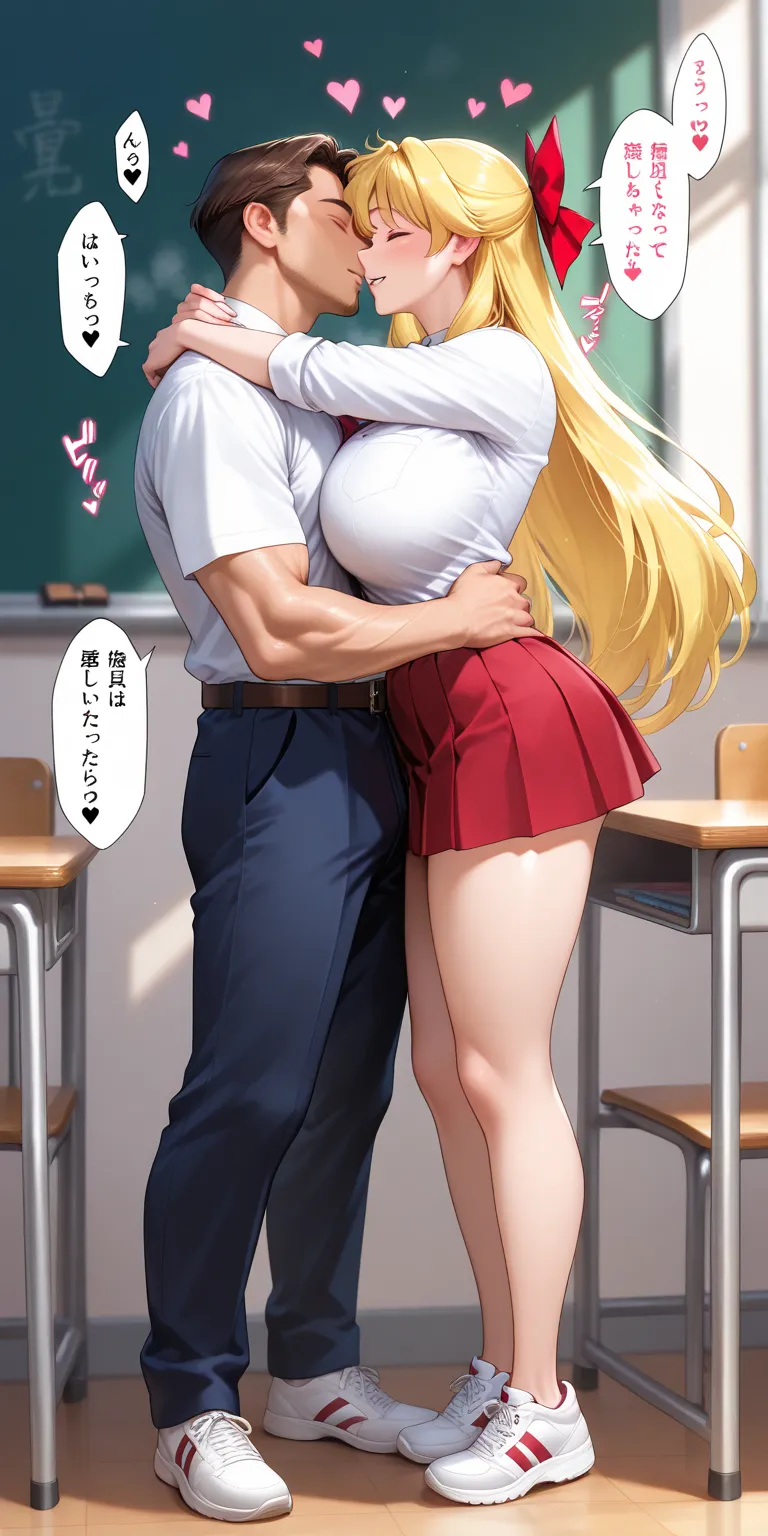 Masterpiece, newest, vibrant, mature woman, minako aino, tall, big breast, white school shirt, red pleated mini skirt cheekred motif, white sneakers, full body, parted lips, smile, old men as a teacher, tall, muscular, face to face, embrace hips, deep kiss...