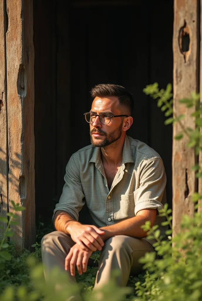 a man with round transparent glasses with short hair and bristles sits in Spain in a casing, surrounded by smerek 